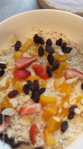 Breakfast with Muesli and Berries Prepare - Handheld Full HD 50fps