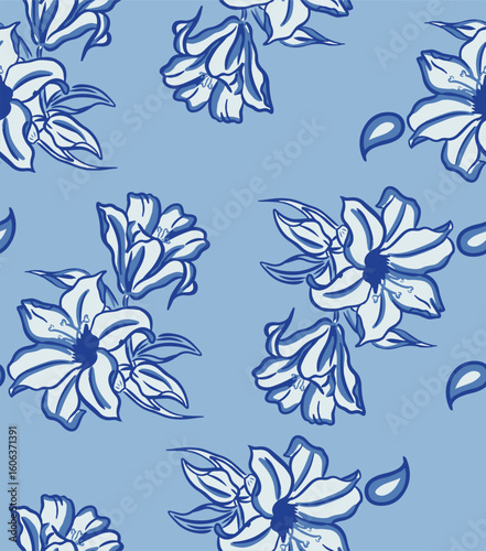 Seamless floral pattern with hand-drawn blue flowers and leaves on a light blue background, ideal for textiles, apparel, and home decor projects.