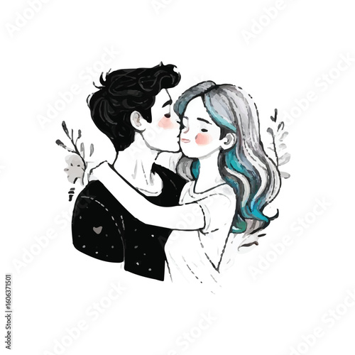 A young couple embracing, kissing affectionately in a stylized illustration with a whimsical touch.