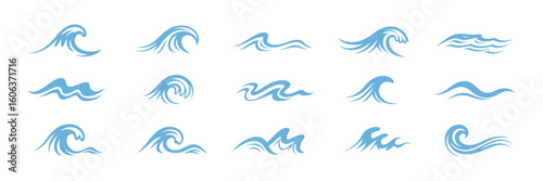 Blue waves icon vector set with ocean and water symbols for logo design

