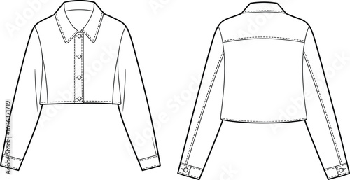Women’s cropped button-up jacket fashion sketch, technical flat cad drawing with collar, cuff, front and back design vector