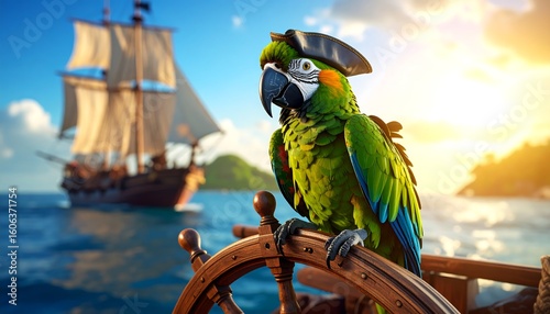 Parrot captain on ship's helm