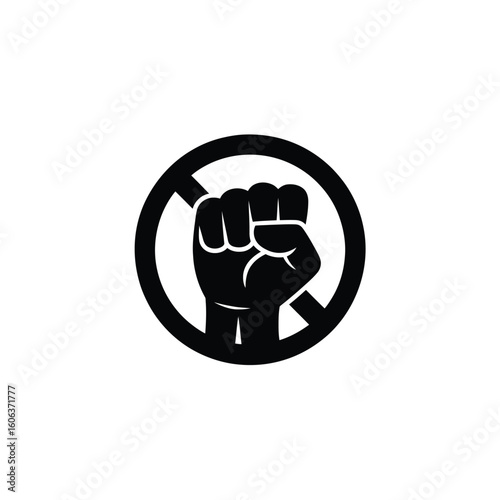 Black silhouette of clinched fist raised inside prohibition sign with transparent background