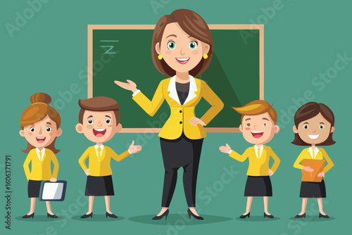 Cartoon Teacher with Students in Classroom Explaining Lesson on Blackboard