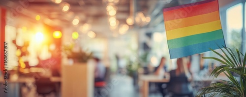 Business office with blurred people in casual attire, rainbow pride flag waving with blurred bokeh background, symbolizing pride month and diversity, Generative AI