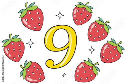 Cute cartoon number nine surrounded by strawberries and sparkling stars isolated on a white background for nursery decor