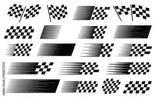 Racing Flags and Speed Line Vector Set, Checkered Patterns, Finish Line Graphics, and Dynamic Stripes for Motorsport Design, Race Car Wraps, and Event Branding