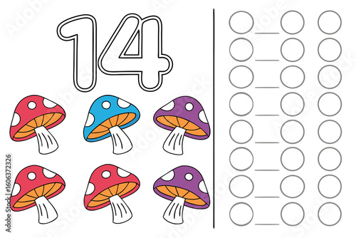 Educational counting worksheet number 14 featuring colorful mushrooms with counting and matching exercise suitable for elementary students