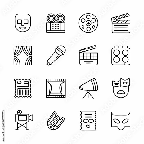 Collection of entertainment and cinema icons in a simple line art style