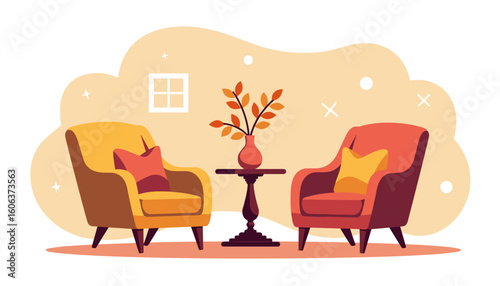 Cozy living room with two chairs and a table featuring a vase  