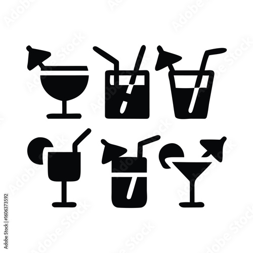 Collection of six stylized black silhouette cocktail drinks with umbrellas and straws on a white background