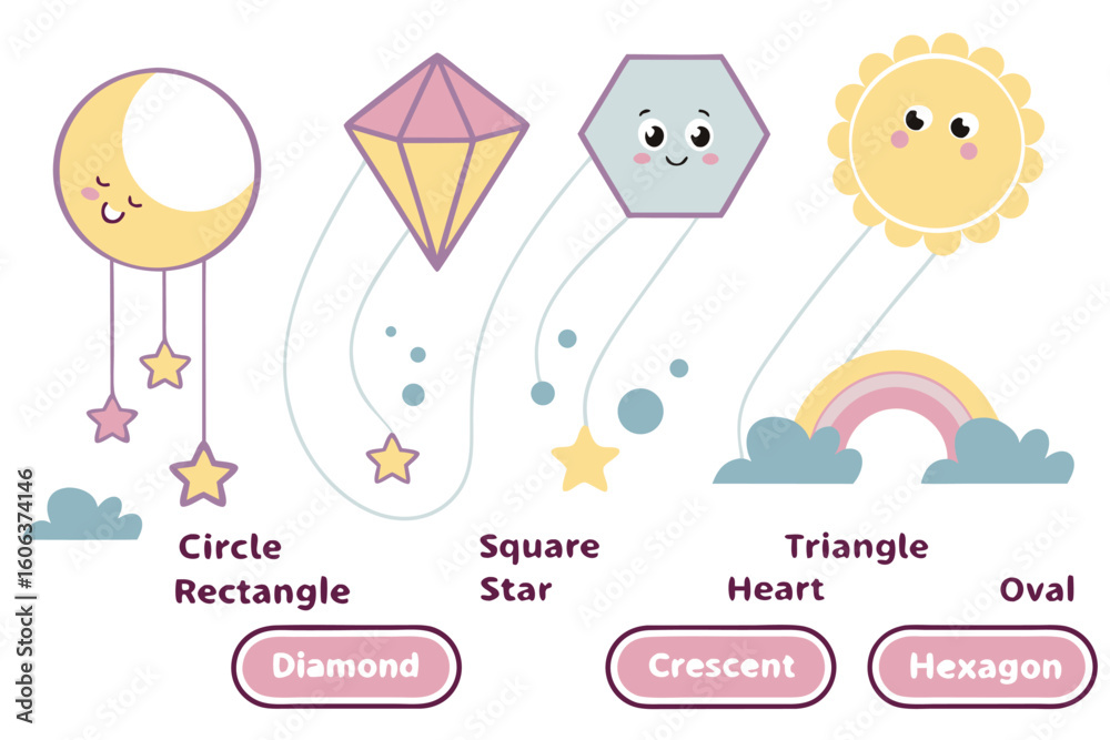Fototapeta premium Cute educational illustration of various geometric shapes and names for early childhood learning in a simplified style