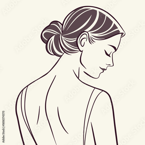 Elegant illustration of a woman with a bun in silhouette depicting grace and serenity with line art