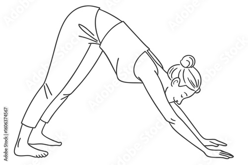 Minimalist line drawing of a woman in downward-facing dog pose illustrating yoga exercise and fitness