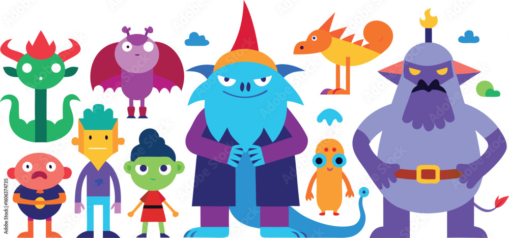Naklejka premium Vector art of a collection of colorful and whimsical monsters and creatures gathered together isolated on transparent background.