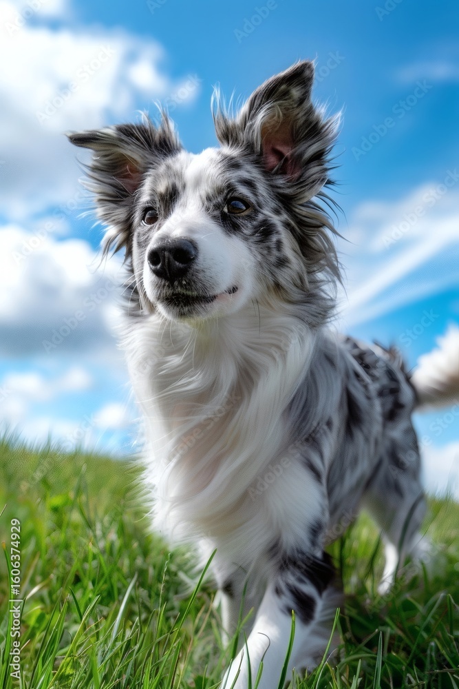 Fototapeta premium A dog is chasing its tail on the grass, with soft sunlight shining on it