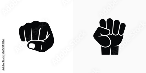 Raised clenched fist hands icons set on white background, fist silhouettes
