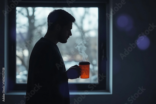 Black silhouette of a businessman with orange coffee mug near window, lavender bokeh in office. AI-generated