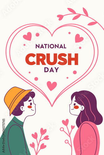 National crush day card design. Smiling couple love in a heart shape