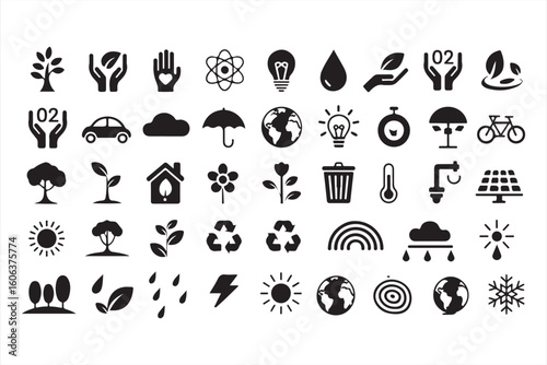 Eco-Friendly, Sustainability, and Renewable Energy Icons Collection: Nature, Climate, and Green Energy Symbols