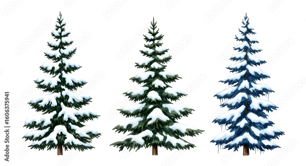 Obraz premium Three snow covered pine trees isolated on transparent background