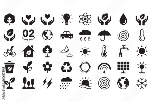 Eco-Friendly Icons Representing Recycling, Energy, and Nature