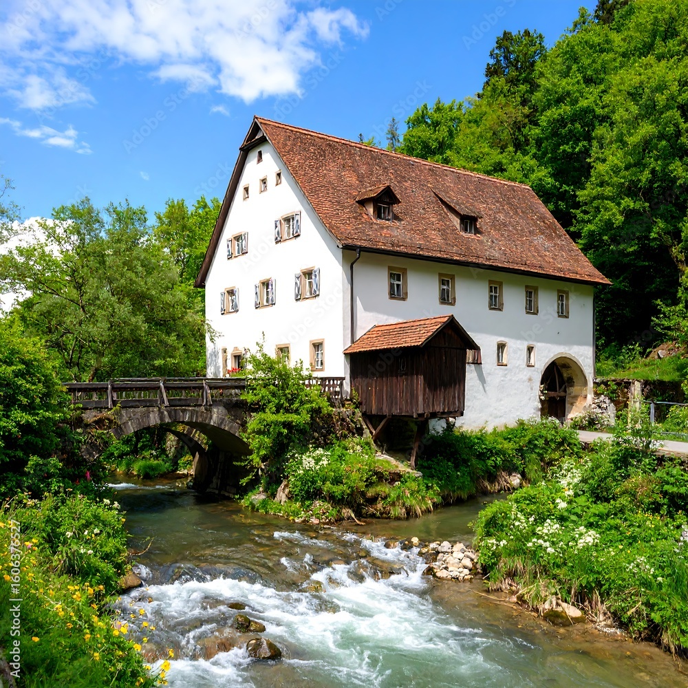 Fototapeta premium Historic mill by a river