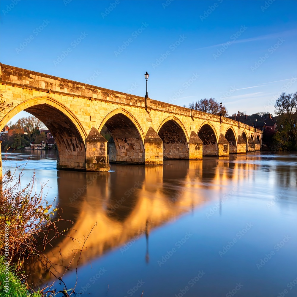 Fototapeta premium Historic stone bridge over calm river at dawn