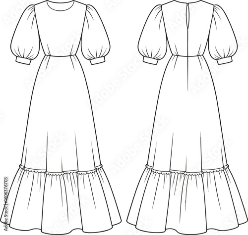 Elegant puff sleeve maxi dress CAD sketch, fashion flat vector with ruffle hemline and back zipper, front and back view