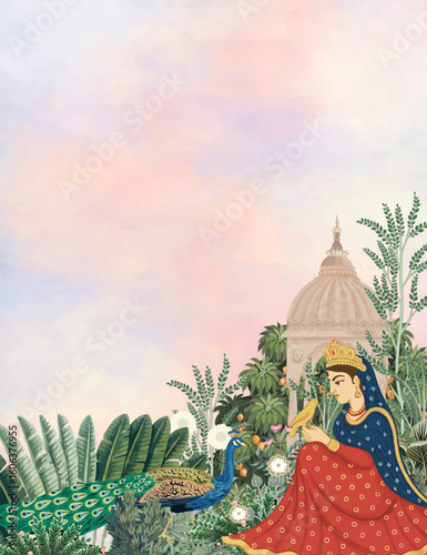 A regal queen adorned in red and blue sits gracefully in a lush Mughal style garden, gently holding a bird nearby under a pastel sky.