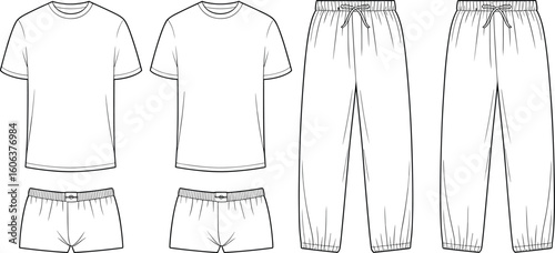 Men’s loungewear CAD flat sketch with t-shirt, boxer shorts, and joggers, fashion technical drawing front and back view