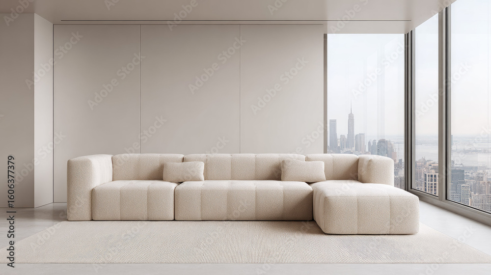 Fototapeta premium Modern beige sofa with cushions bright living room with city view