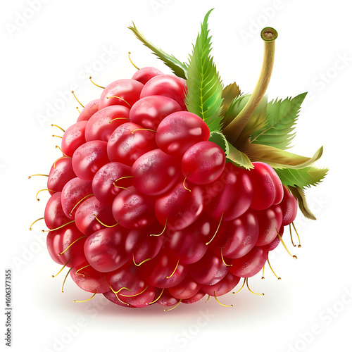 Fresh Raspberry with Green Leaves Isolated on White Background