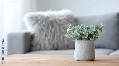 Small green plant in ceramic pot on wooden table with cozy sofa