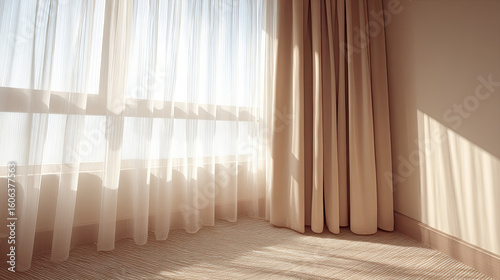 Soft sunlight filters through sheer curtains in cozy room