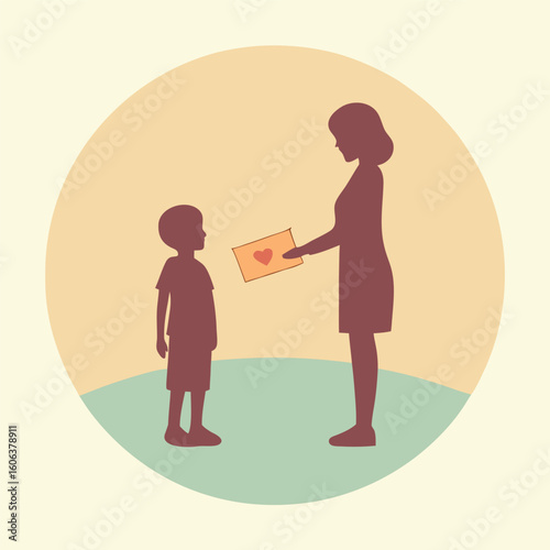 Silhouette of Child Giving Handmade Card to Teacher Emotional Moment Vector