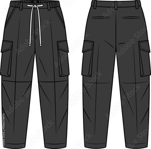 Men’s cargo pants technical flat sketch with drawstring waist and patch pockets in front and back view CAD fashion template