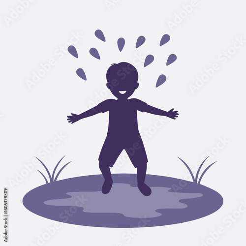 Toddler Silhouette Jumping in Puddle with Splash Pose Vector
