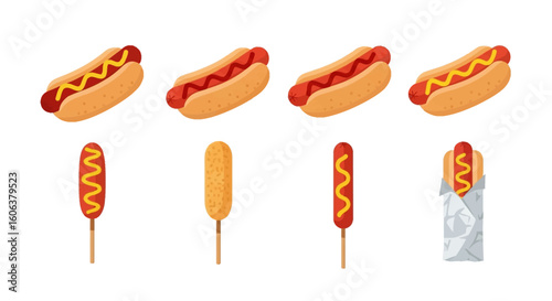 Hotdogs Corn Dogs Vector Fast Food Flat.