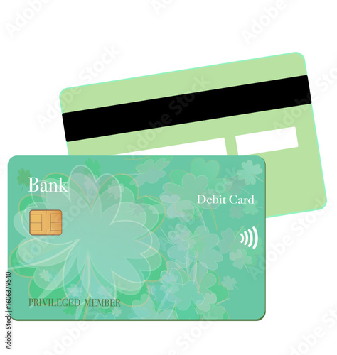Green debit card with money and flower details