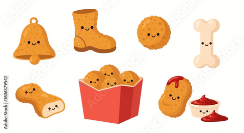 Chicken Nuggets Cute Characters on White.