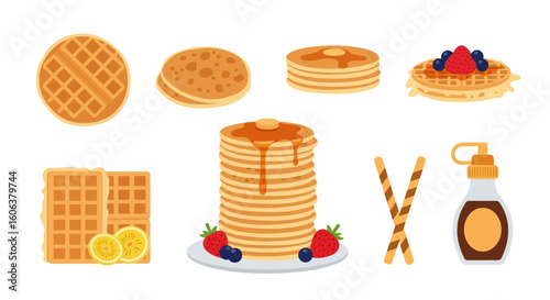 Pancakes with waffles, and breakfast flat vector design.