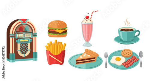 1950s Diner Food with Jukebox, and Retro Style.