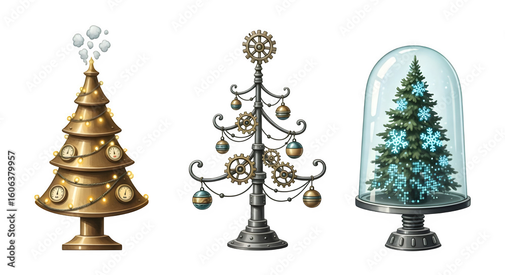 Obraz premium Three decorative christmas trees with unique designs isolated on transparent background