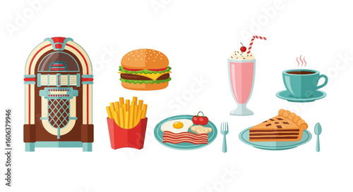 50s Diner Food Retro Meal with Burger, and Jukebox.