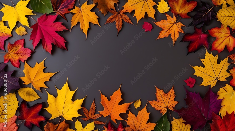 Flat lay of vibrant autumn maple leaves in shades of red, yellow, and orange arranged on a dark background, creating a colorful and decorative seasonal pattern for fall themes.
Flat lay of vibrant autumn maple leaves in shades of red, yellow, and orange arranged on a dark background, creating a colorful and decorative seasonal pattern for fall themes.