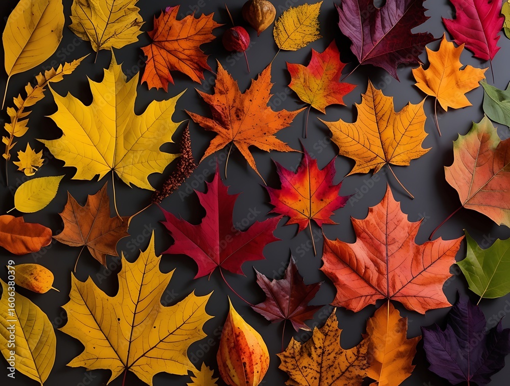 Fototapeta premium Flat lay of vibrant autumn maple leaves in shades of red, yellow, and orange arranged on a dark background, creating a colorful and decorative seasonal pattern for fall themes.