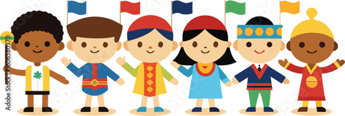 Vector art of a diverse group of happy children from around the world holding hands and flags isolated on transparent background.