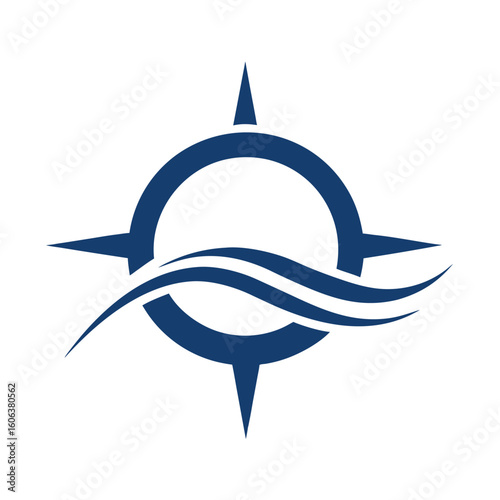 Dark blue compass symbol with wavy lines on white background navigation direction
