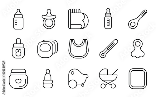 Baby Care Essentials and Newborn Hygiene Icon Set - Featuring Bottle, Pacifier, Diaper, Bib, Spoon, Thermometer, Rattle, Food Jar, Stroller - Vector